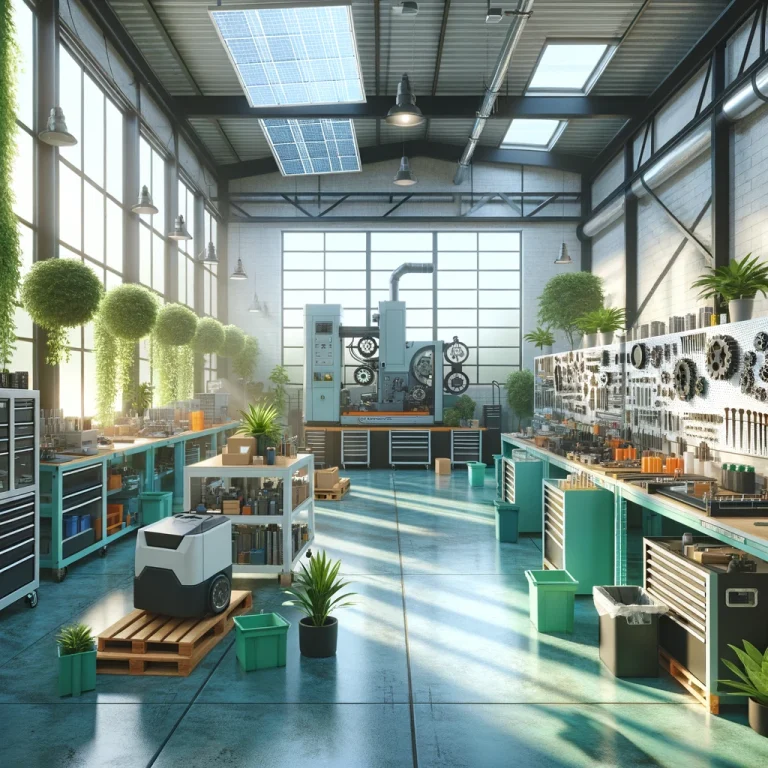 DALL·E 2024-03-13 15.25.20 - A modern, eco-friendly equipment maintenance shop, bathed in natural light from large windows