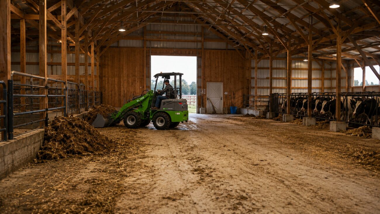 EcoTrack - Electric Front End Wheel Loader - EL 1430 - Cleaning Out a Barn From A Distance