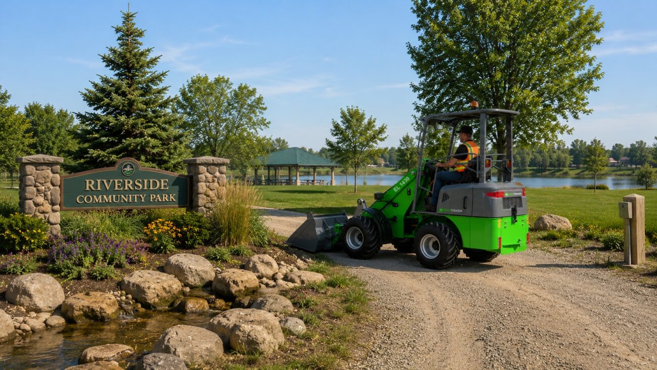 EcoTrack - Electric Front End Wheel Loader - EL 1430 - Doing Maintenance at the Riverside Community Park
