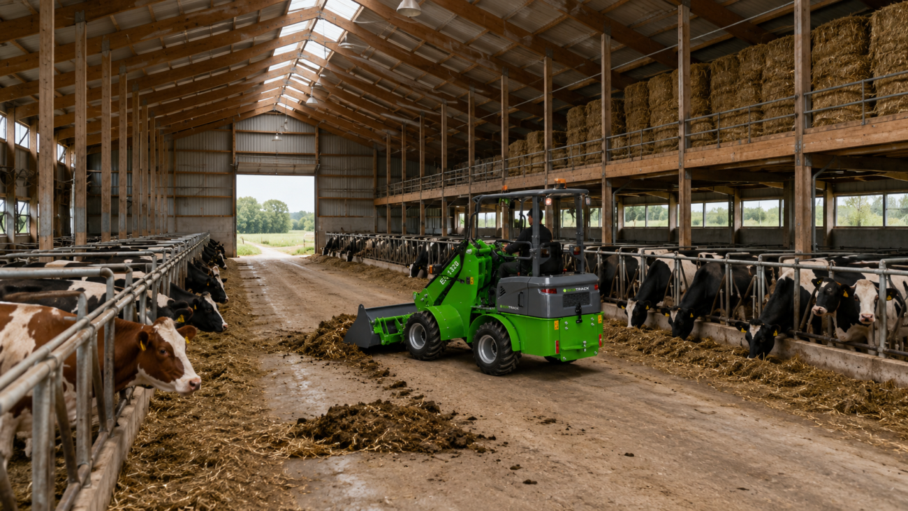 EcoTrack - Electric Front End Wheel Loader - ELT 1320 - Cleaning up Barn