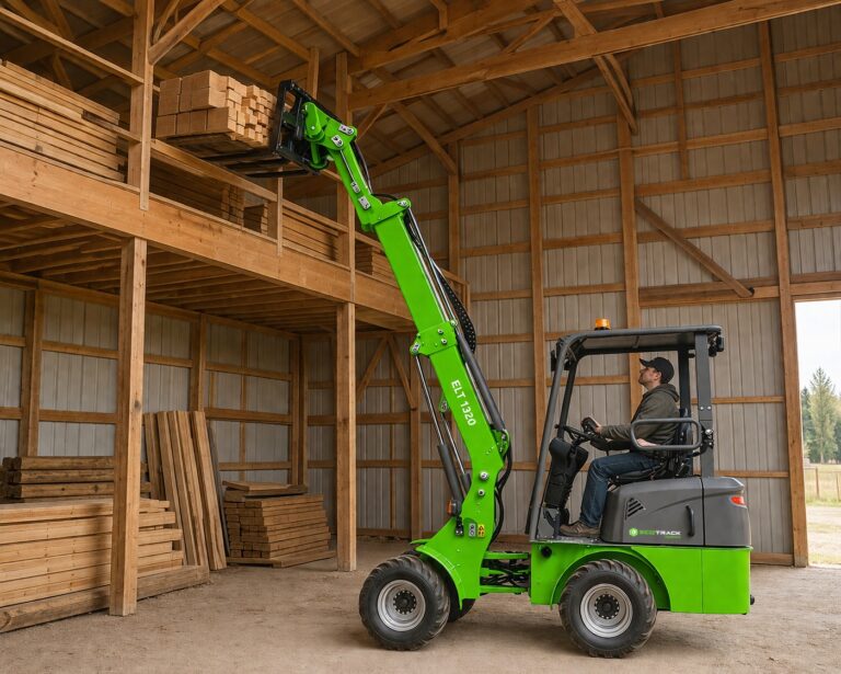 EcoTrack - Electric Front End Wheel Loader - ELT 1320 - Loading Wood in a Barn