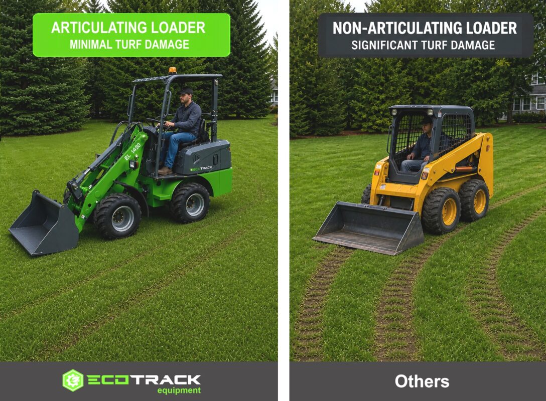 EcoTrack - Electric Front End Wheel Loader - Turf Damage Comparison Between EL1430 Articulating Loader and a Traditional Non-Articulating Loader