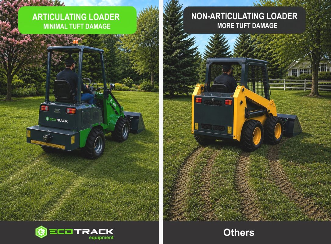 EcoTrack - Electric Front End Wheel Loader - Turf Damage Comparison Between EL880 Articulating Loader and a Traditional Non-Articulating Loader