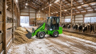 EcoTrack - Electric Articulating Front End Wheel Loader - EL1980 - Bucket Capacity 1980 lbs - Working in a Cold Barn